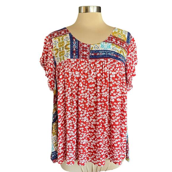 Easel Multiprint Boho Top Relaxed Fit MEDIUM Peasant Casual Spring Summer Gypsy - Picture 5 of 9